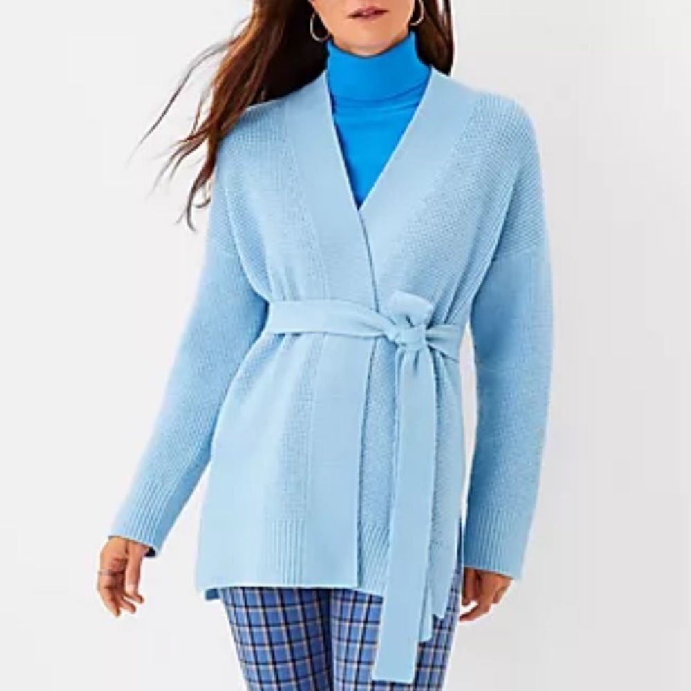 Ann Taylor Light Blue Belted Open-Front Knit Cardigan